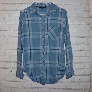 💙 Stitch Star Blue Plaid Button‑Up Shirt · Women’s Medium